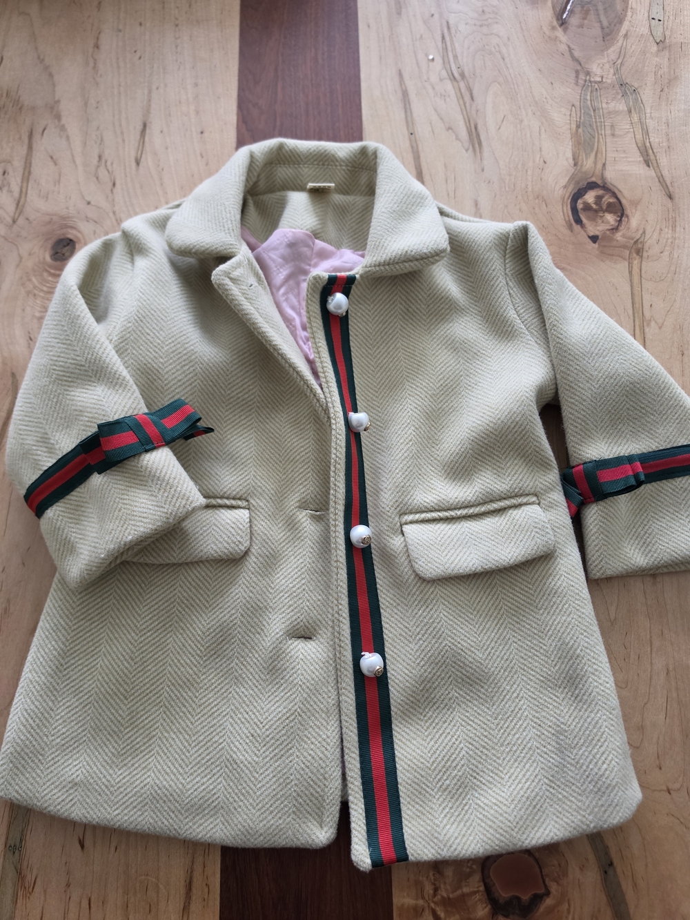 Kids Cream Wool-Blend Coat with Green & Red Trim